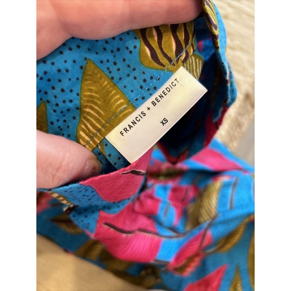 Francis + Benedict Blue Pink Leaves Pleated Skirt African Sz XS Side Zip Pocket - Picture 9 of 10